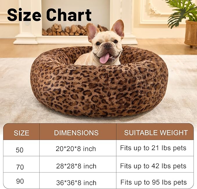 Dog Calming Beds for Small Medium Large Dogs - Round Donut Washable Puppy Dog Bed, Anti-Slip Faux Fur Fluffy Donut Cuddle Anxiety Cat Pet Bed (28" Leopard Print)