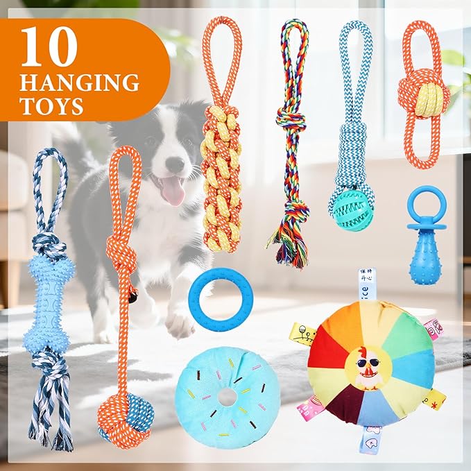 Puppy Play Gym for Small Dogs with 10 Hanging Toys, Removable Indoor Jungle Gym, PVC Frame with Adjustable Bungee Straps, Interactive Dog Toys Tug Toys for Dogs Rope Toy to Keep Them Busy