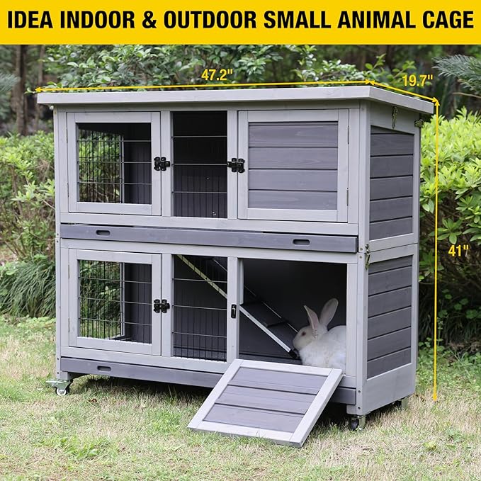 Aivituvin Rabbit Hutch Indoor Folding Bunny Cage on Wheels Outdoor Movable Guinea Pig Houses with No Leakage Pull Out Tray
