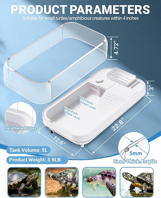 Large Turtle Tank Kit (Tank + Lamp + Filter), Acrylic Turtle Tank Starter Kit, Tank Aquarium with Heightened and Curved Fences, Bottom Drainage, Multi-Function Areas (Black Lamp)