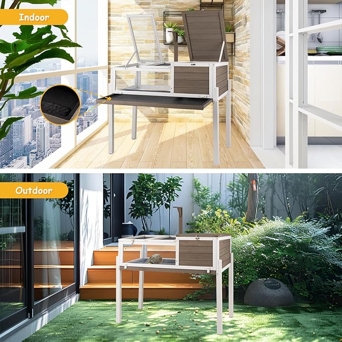 PetsCosset Tortoise Habitat Wooden Tortoise House, Indoor Turtle Enclosure Outdoor Reptile Cage with Removable Bottom, Light Support, Openable Roof (Tall Tortoise Habitat, Leakproof Tray)