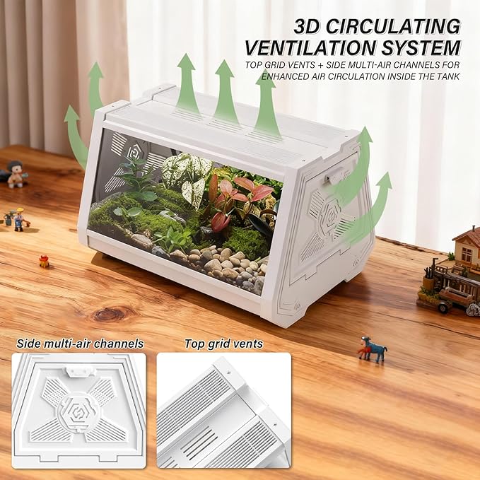 Reptile Terrarium,Anti-Breakage Lizard Cage, High-Transparency Viewing Window,Dual-Side Escape-Proof Doors,Integrated Lighting,Ideal for Mini Gecko,Insect,Tarantula,Frog,White