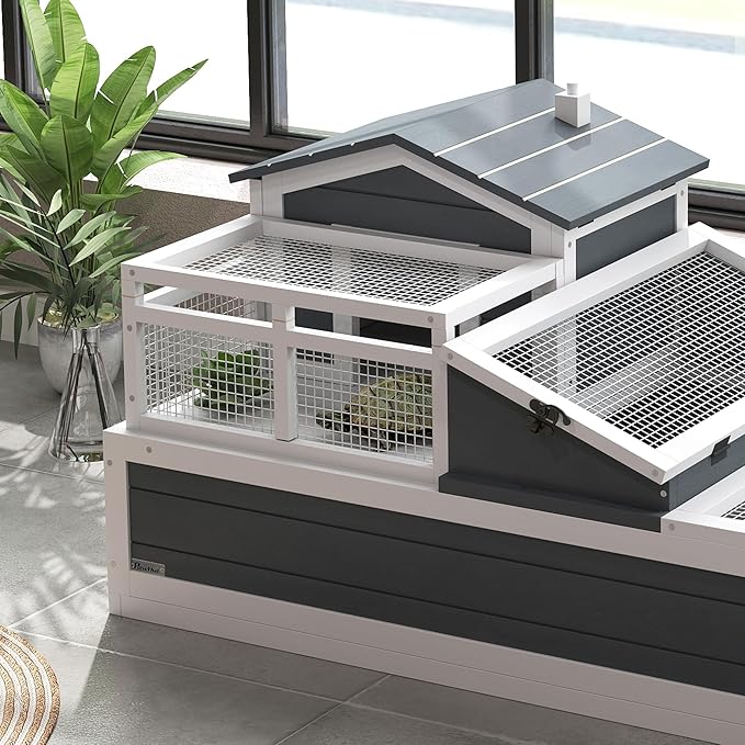 PawHut 3- Room Tortoise House Habitat with Balcony & 2 Stories, Indoor/Outdoor Wooden Tortoise Enclosure with Ladder, Tray, Openable Roof, Large Reptile Cage, 44" x 25.5" x 23", Gray