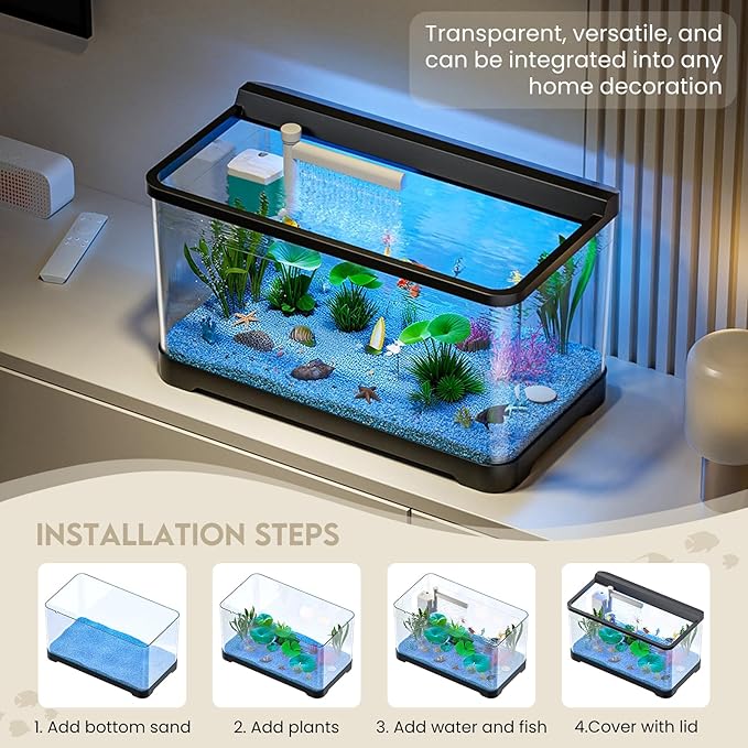 LED Aquarium Fish Tank Kit,(Light + Filter + Green Plants + Blue Sand + Pineapple Houses + Shells) Black, 4.5 Gallon (Now)