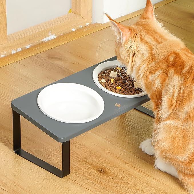 Sunhoo Elevated Cat Bowls for Indoor Cats Ceramic Kitty Dish Food Water Raised Tilted Puppy Feeding Sation with 4 Dishes Wooden Stand Pet Feeder Metal Legs Orthopedic ReducesVomiting(Grey)