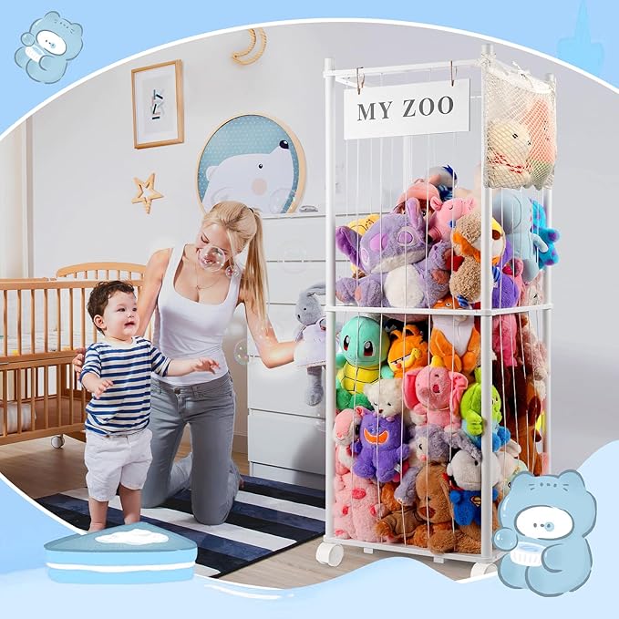 Stuffed Animal Storage Zoo with Wheels, Wooden Stuffed Animal Organizer with Elastic Cords, Space Saving Toy Plushies Storage Holder for Playroom, Bedroom, Living Room(White, Large)