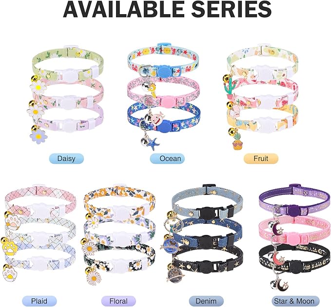 Cat Collar with Bells Breakaway, 3 Pack Moon and Star Cat Collar Reflective, Cute Kitten Collars with Pendant Glow in The Dark for Girl Boy Cats, 8"-12" Adjustable Safe Dog Puppy Kitty Collar