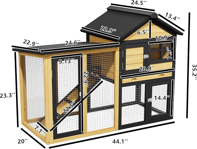 Chicken Coops Outdoor Wooden Double-Decker Chickens with Deep Push-Pull Trays, Non-Slip Slopes, Waterproof Asphalt Roof Suitable for a Variety of Animals (Yellow Black)