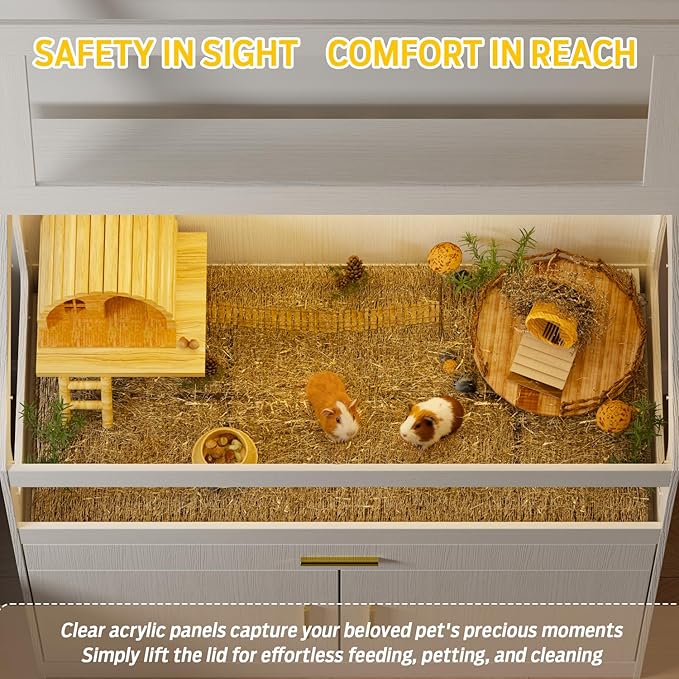 Big Hamster Cage with Storage Cabinet,Indoor Guinea Pig Cages for Small Animals,Wooden Hamster Enclosure with Easy View Acrylic Panels & Drawer for Hamster, Rabbit, Guinea Pig, Hedgehog