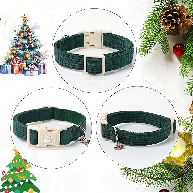 Cute Corduroy Dog Collar - Forest Green Adjustable Dog Collars for Medium Dogs 25-50lbs, Fade-Proof with Secure Snap & Little Charm, Christmas Birthday Gift, M