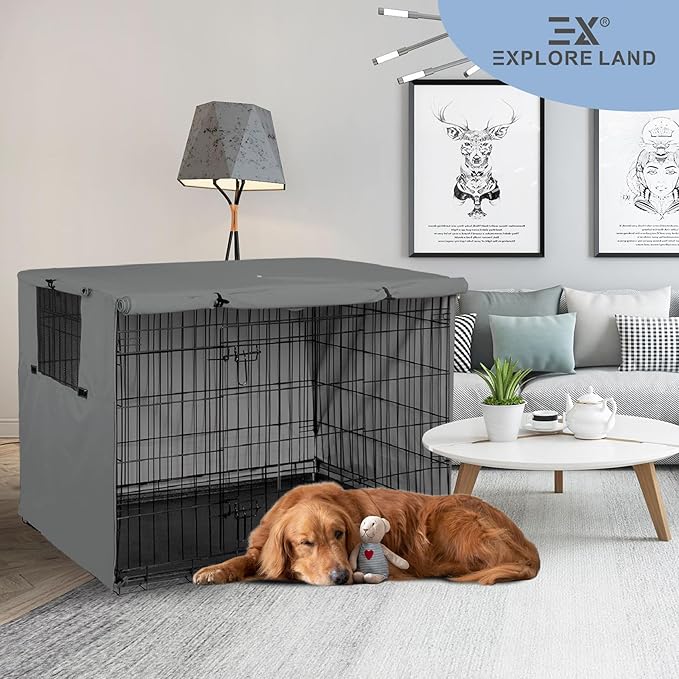 Explore Land Dog Crate Cover Heavy Duty Polyester Pet Kennel Sunshade Universal Fit for 48 inches Wire Cage (Grey)