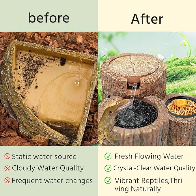 550ML Reptile Water Fountain with Food Dish – Terrarium Drinking Fountain for Bearded Dragon, Gecko, Chameleon, Lizard, Tree Frog & Turtle – Keeps Water Clear, Easy-to-Use Water Dispenser