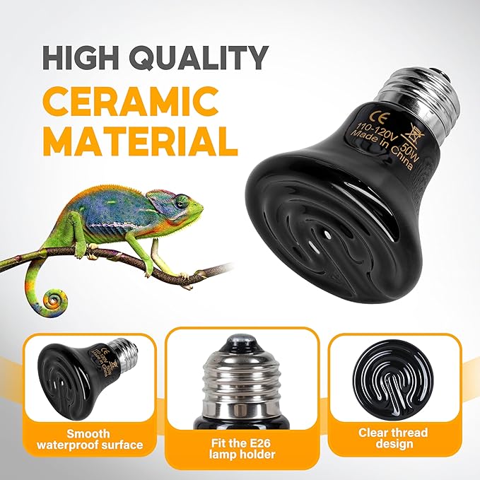 HealSmart 50W Mini Reptile Heat Lamp Ceramic Heat Emitter, No Light Emitting Heat Bulbs, Suitable for Snake/Lizard/Spider, Plant Growth and Incubating Chicken, 2-Pack