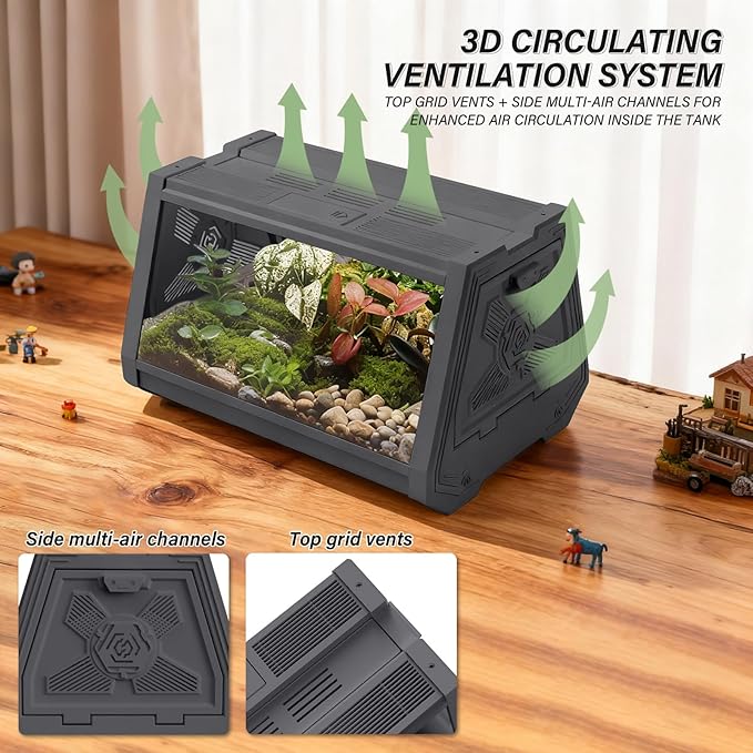 Reptile Terrarium,Anti-Breakage Lizard Cage, High-Transparency Viewing Window,Dual-Side Escape-Proof Doors,Integrated Lighting,Ideal for Mini Gecko,Insect,Tarantula,Frog,Gray