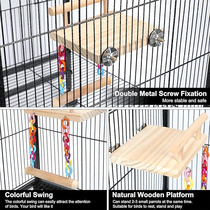 Natural Wood Bird Perch Platform with Colorful Chain Swing Toy, Parrot Hanging Stand Perch for Cockatiels Parakeets Lovebirds Budgies Conures, Cage Accessories Chewing Grinding Exercise Play Gym.