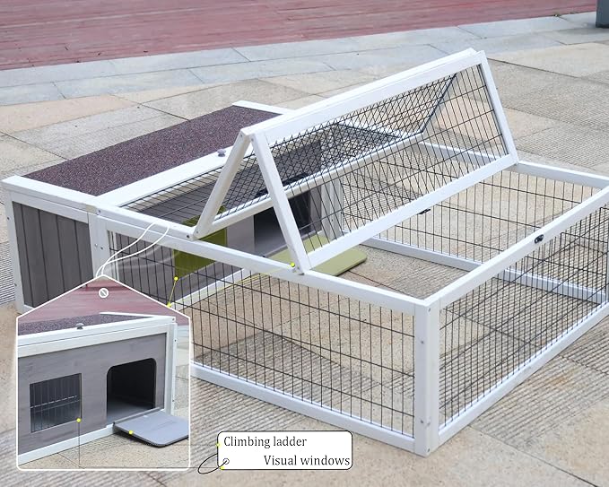 Tortoise House Habitat Wooden with Waterproof Cover, Chicken Coop with Run Rabbit Hutch Small Animal Hutch Enclosure Indoor/Outdoor-Grey + White Trim