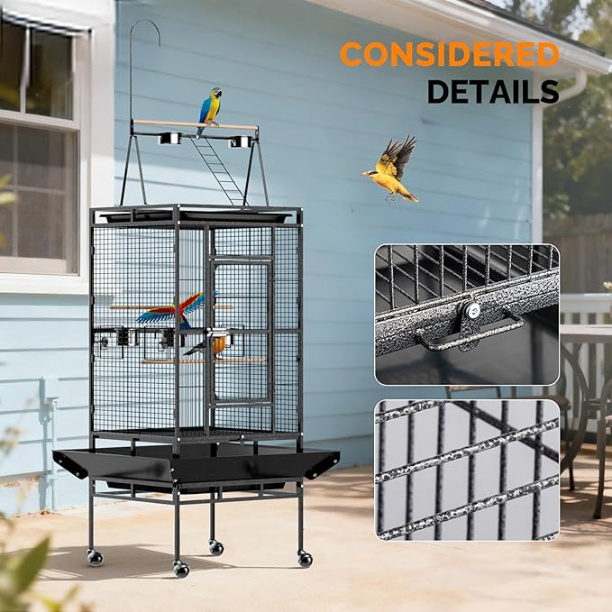 VINGLI Bird Cage, 83 Inch Wrought Iron Bird Cage with Play Top, Rolling Parakeet Cage for Cockatiels Lovebird Finches Canaries
