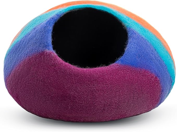 Woolygon Premium Felt Cat Cave Bed ā Wool Kitty Beds Handcrafted Kitten Caves Bed for Indoor Cats - Made from 100% Eco-Friendly Merino Wool, Foldable Cat Hidewawy Covered Cat House Pod (Rainbow Twist)