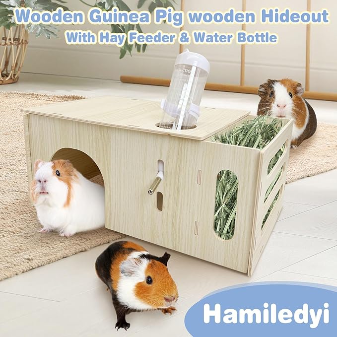 Hamiledyi Guinea Pig Hideout with Hay Feeder and Water Bottle Natural Wooden Chinchilla House Bunny Castle Small Animal Hideout for Rabbit Chinchilla Bunny and Guinea Pig