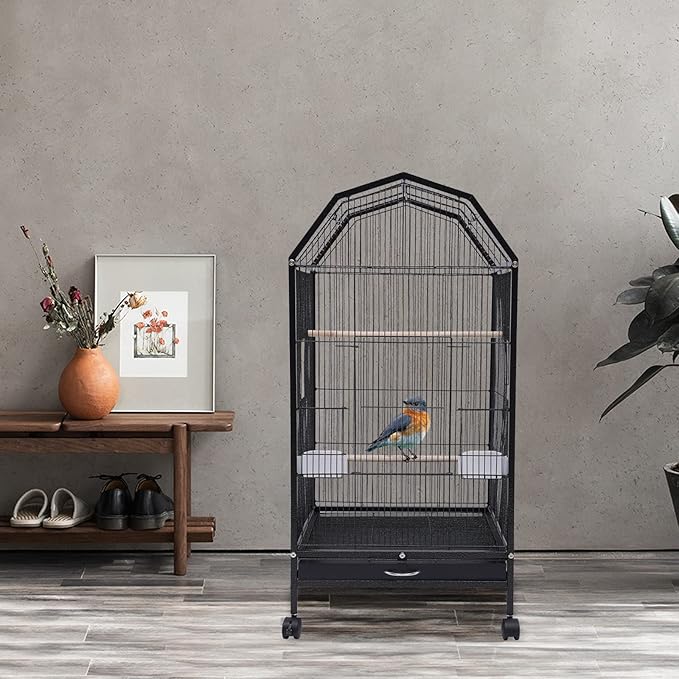 Iron Parakeet Bird Cage with Stand, Pet Bird Container with Skylight, Large Cage for Medium&Small Bird with Wheels and Doors for Cockatiel Sun Conure Senegal Jardine Quaker Budgie (Black)