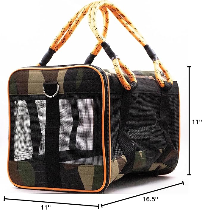 Buddy's Best Airline Approved Pet Carrier β Army Camo & Orange for Dog or Cat, Fits Under Seat, TSA Compliant, Ventilated Mesh Design w/Waterproof Base & Reflective Strips