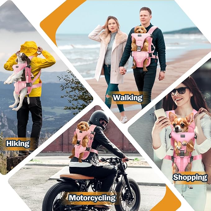 Dog Front Carrier Backpack, Legs Out Secure-Fit Pet Chest Carrier for Small Dogs (6-17 lbs), Adjustable Pet Carriers with Safety Belt, Hands Free Dog Backpack Carriers for Hiking Cycling (S, Pink)