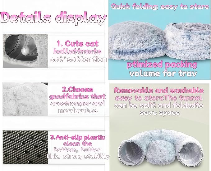 Cat Bed, Tunnel cat Bed, Foldable Furry cat Bed, Grey (33.46 inches), with Hanging Toys, Suitable for Multiple Cats Machine Washable