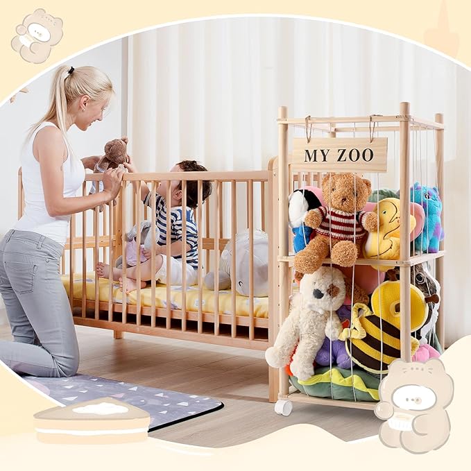 Stuffed Animal Storage Zoo with Wheels, Wooden Stuffed Animal Organizer with Elastic Cords, Space Saving Toy Plushies Storage Holder for Playroom, Bedroom, Living Room(Burlywood, Small)