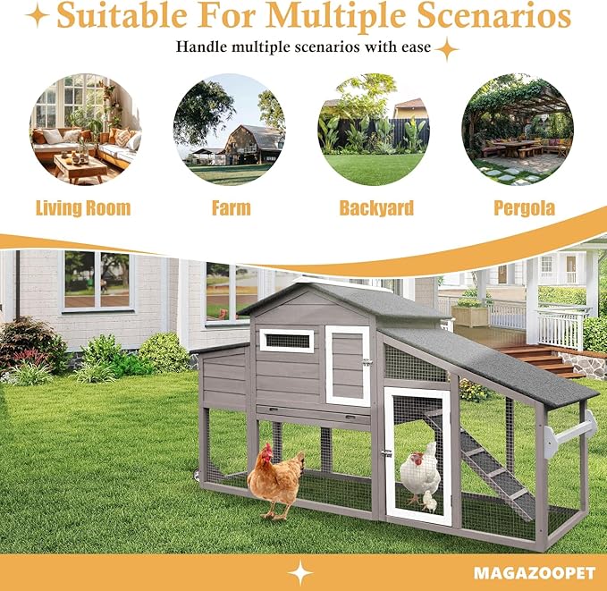 Chicken Coop with Wheels, Weatherproof Outdoor Chicken Hen Houses with Run, 2 Story Wooden Poultry Coops Rabbit Hutch for 2-3 Chickens Bunny with Leakproof Tray, Nesting Boxes, Ramp