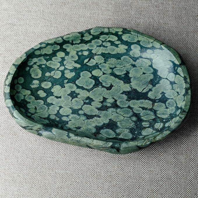Natural River Stone Reptile Food Bowl - Handmade Pebble Dish for Reptiles, Amphibians, Hedgehogs, and Small Pets - Unique Size, Shape & Color - Water & Food Bowl (Green)