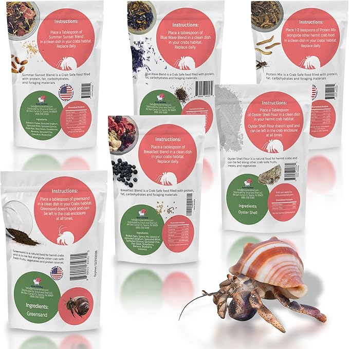 Snout and Shell Hermit Crab Food Bundle (Fruity Breakfast Blend, Ocean Mix, Protein Mix, Summer Sunset, Worm Castings & Oyster Shell Flour)