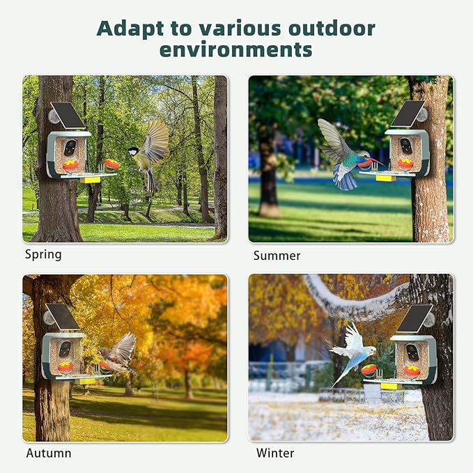 Smart Bird Feeder with Camera Solar Powered - 2K HD Video Camera AI Identify Birds, Send Real-time Notifications & Instant Arrival Alerts- Weatherproof Design,Birds Lover Gifts