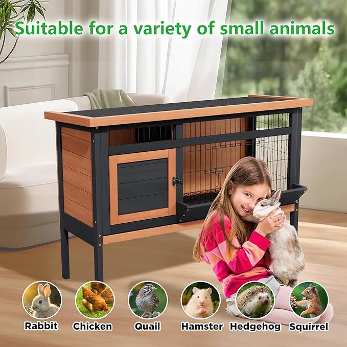 Rabbit Cage Elevated Bunny Hutch Indoor Outdoor,Wooden Chicken Coop Rabbit Hideout with Pull Out Tray,Feeding Trough,Metal Wire Pan and Openable Water-Resistant Asphalt Roof for Small Animals(Brown)