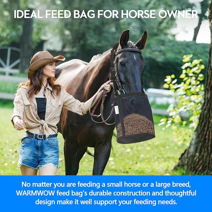 Horse Feed Bag Pack of 2, Feed Bags for Horses with Ventilation Mesh, Comfort Nose Pad Neck Pad, Adjustable Strap, Spill Proof Design for Independent Feeding Grain, Supplements (Black Blue)