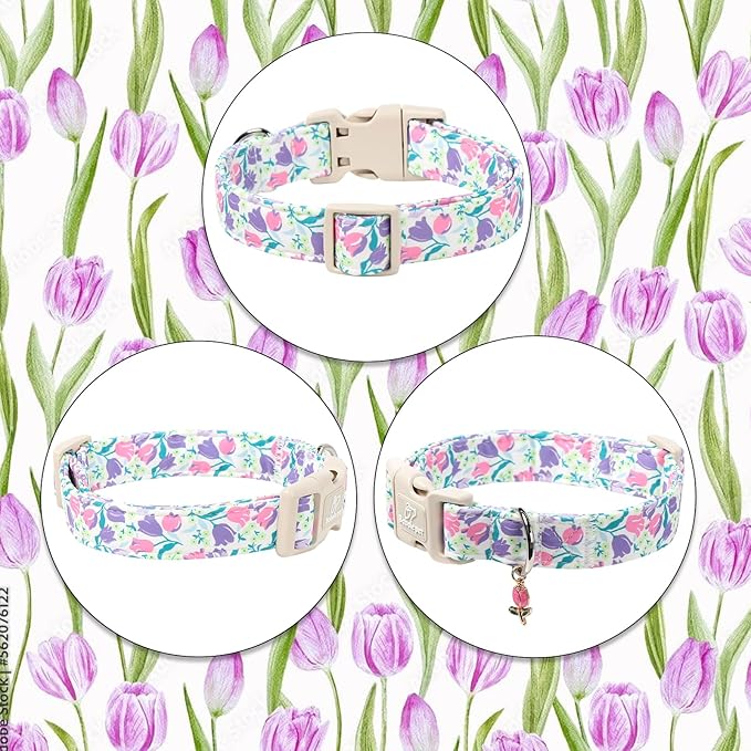 Floral Dog Collar for Large Dogs - Pink Purple Tulips Print Dog Collars, Spring Summer Cute Flower Puppy Collar, Lightweight Adjustable April Holiday Boy Girl Dogs Collars XL