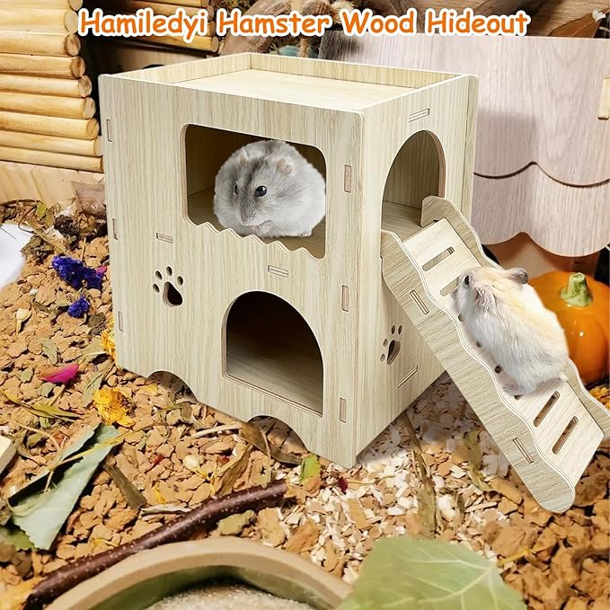 Hamiledyi Wooden Hamster Hideout Maze Double Layers Hamster Hut Small Animal Activity Toy with Ladder for Dwarf Hamster Gerbil Mouse Mice and Other Similar Sized Animals