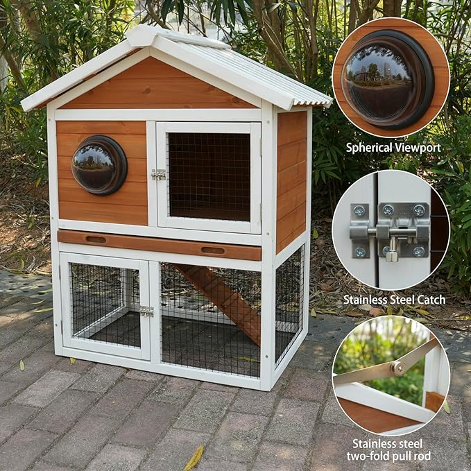 Wooden Rabbit Hutch with Matching PVC Material, Protected from Wind, rain and Snow, Rabbit House with ramped Stairs, Lockable Door, Ball Windows and Breathable mesh Door with Removable Tray.(84965)