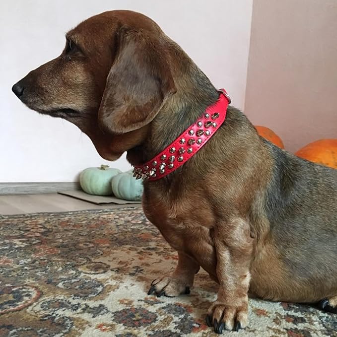 TEEMERRYCA Adjustable Microfiber Leather Spiked Studded Dog Collars with a Squeak Ball Gift for Small Medium Large Pets Like Cats/Pit Bull/Bulldog/Pugs/Husky, Red, S 10.8-13.2 inches