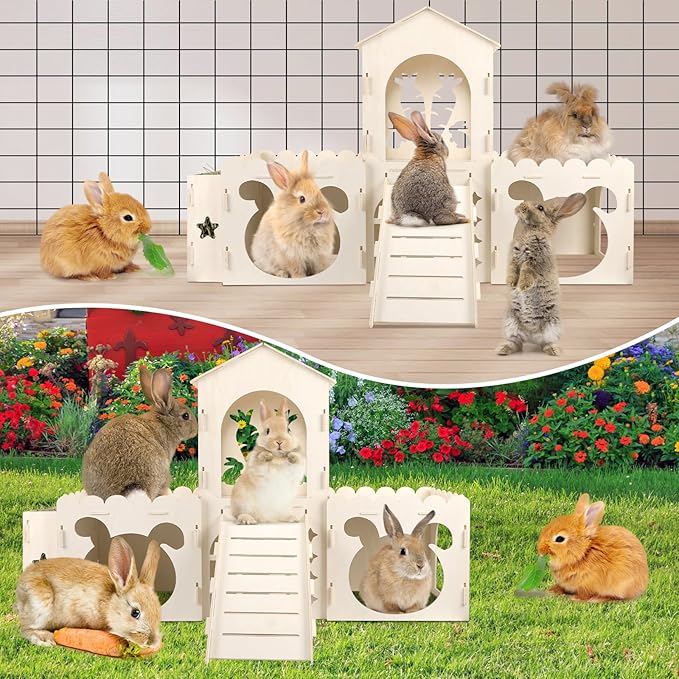 Large Rabbit Castle, Wooden Bunny House & Hay Feeder, Detachable Rabbit Hideaway, Indoor Rabbit Castle with Ramp, Small Animal Houses & Habitats