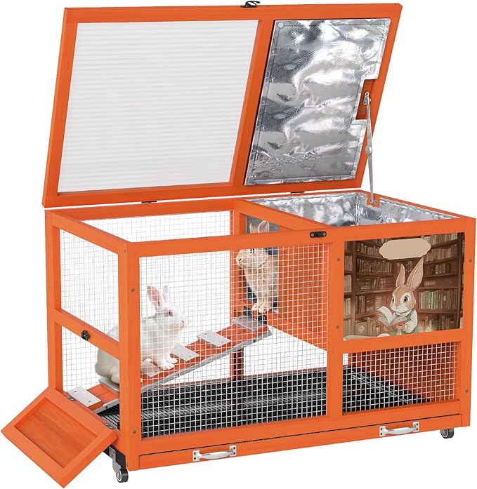COZIWOW 36.5-Inch Double-Decker Wooden Insulated Rabbit Hutch with Wheels, Heated Rabbit Cage Featuring A Cleaning Tray and Ladder—Stylish&Easy to Assemble(Orange and Warm)