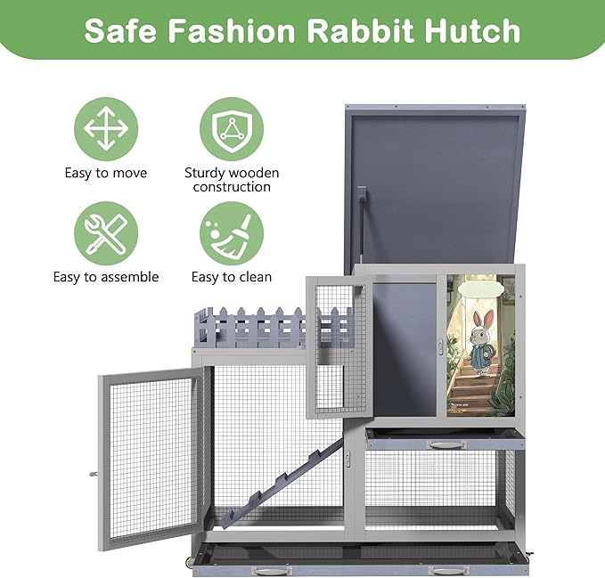 COZIWOW Double Layers Durable 38In Rabbit Hutch Indoor on Wheels, Small Animal Houses Habitat, Rolling Large Bunny Cage Outdoor with Removable Tray, Ramp, Two Story Bunny Cage(Grey with Pattern)