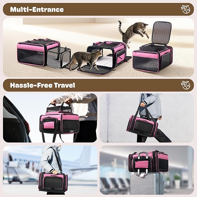 Top and 2 Sides Expandable Cat Carrier 18x13.5x9.5, TSA Airline Approved Dog Carriers for Small Dogs, Soft-Sided Pet Carrier with Self-Locking Zippers for Kitten,Rabbit, Puppy, Guinea Pig Pink