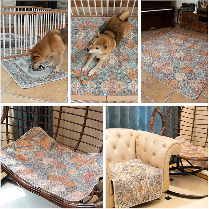 nunubaby Washable Pee Pads for Dogs, Stylish, Non-Slip and Leak-Proof Pee Pads. Reusable Potty Pads for Dogs for Crates and Floors.(Brown/Geo, 48" x48")