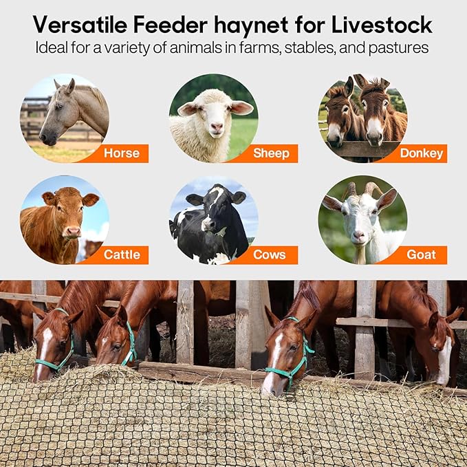 5 x 5 ft Round Bale Hay Net for Horses, with 20 Ropes, Netting Comb, Cable Tie,Large Slow Feed Hay Net, 2" Hole Size, Reduces Hay Waste, for Horses, Goats, Cattle and Livestock