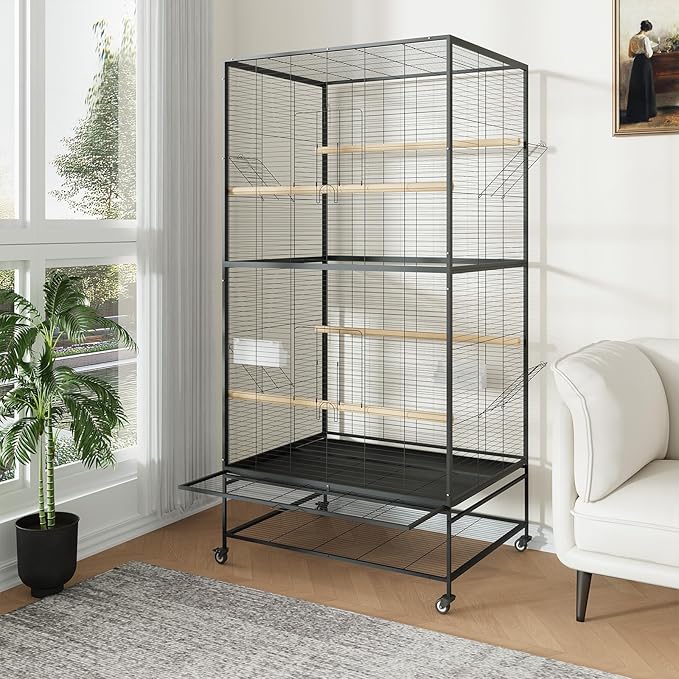 66 Inch Large Bird Cage Metal Parrot Cage with Storage Shelf for Mid-Sized Parrots Cockatiels Conures Parakeets Lovebirds Budgie Finch Black