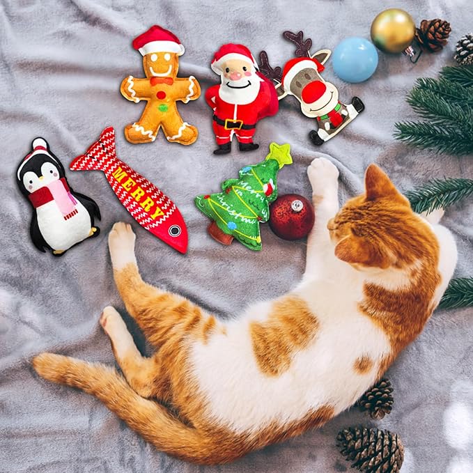 Idepet 6 Pcs Christmas Cat Toys Catnip Xmas Plush Santa Claus Tree Interactive Chew Bite Crinkly Sound Toys for Indoor All Breeds Cats Exercise 