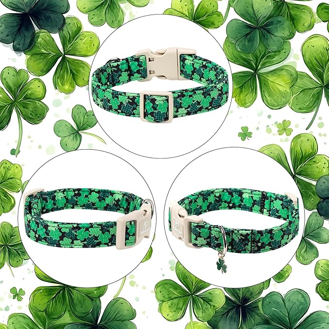 St Patricks Day Dog Collar for Small Dogs - Green Lucky Clover Dog Collars, Lightweight Adjustable Irish Festival Shamrock Dogs Collars with Quick Release Buckle S