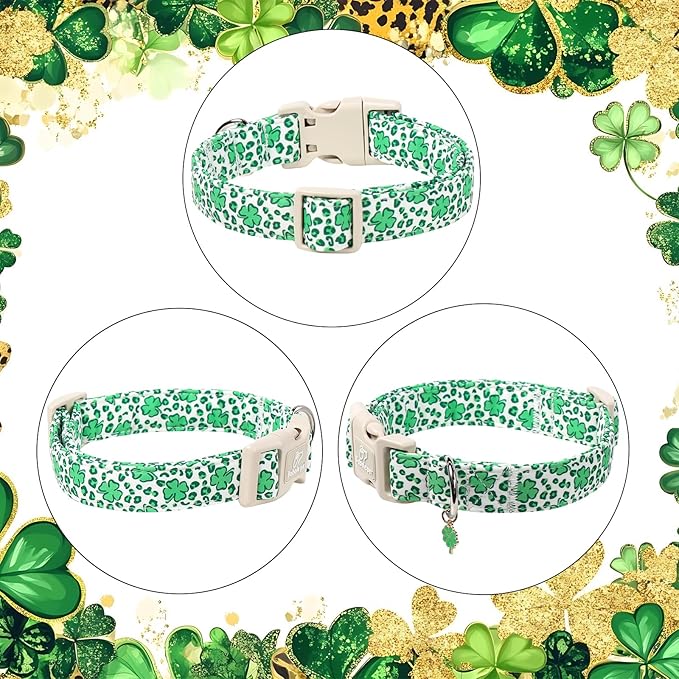 St Patricks Day Dog Collar for Giant Large Dogs - Leopard Lucky Clover Dog Collars, Lightweight Adjustable Irish Green Festival Shamrock Dogs Collars with Quick Release Buckle XL