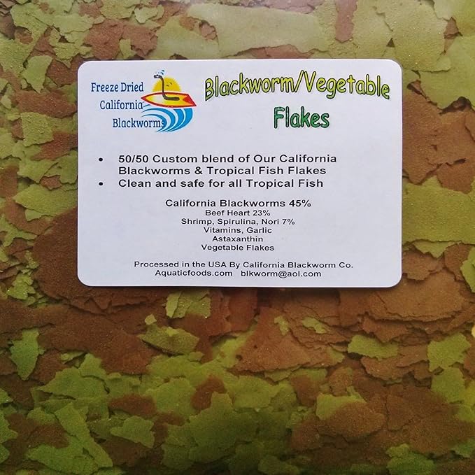 Aquatic Foods Inc. Flakes - 45% California Blackworm & Vegetable Flake Mix for Discus, Cichlids, Tetras, Guppies, Live Bearers, Pond Fish, All Community Tropical Fish Premium AF Flakes - 1-lb