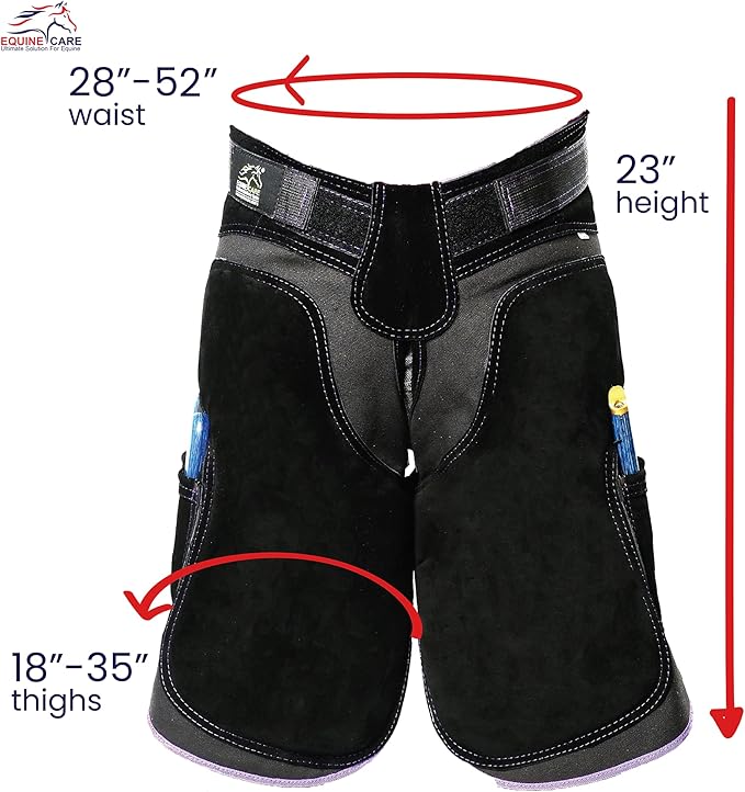 Equine Care Women’s Farrier Apron Chaps 23″ – Leather & Canvas, Adjustable 28–52″ Waist, EVA Padded Knees, Lumbar Support, 4 Knife Pockets & Nail Magnets for Hoof Trimming (Black with Purple Piping)